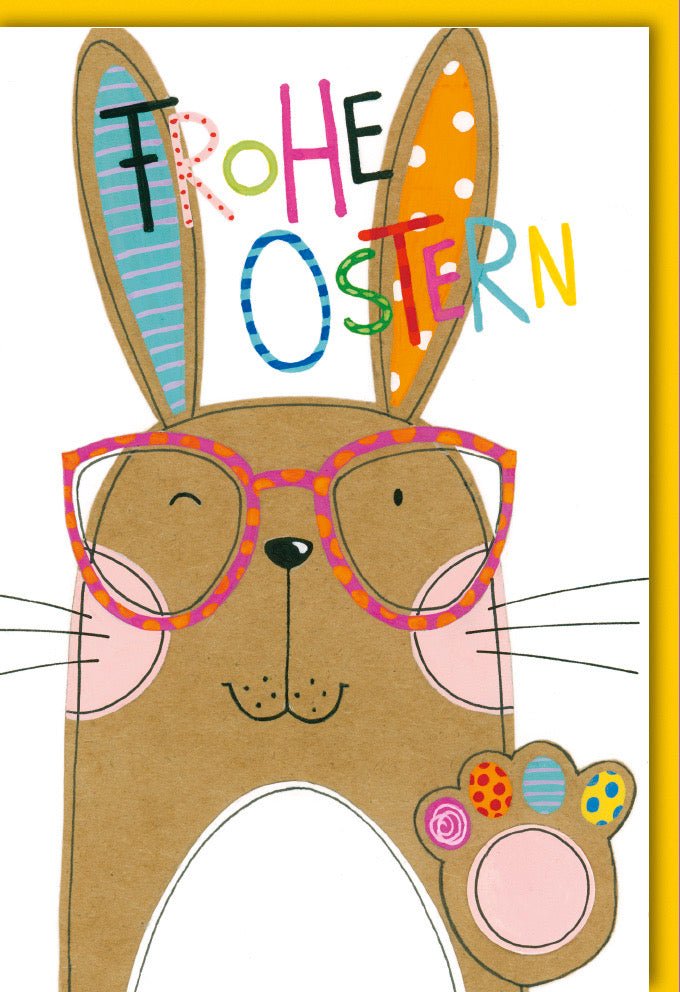 Frohe Ostern Doppelkarte mit Osterhasen - Motiv, Brille & Bunten Eiern – Frühlingshafter Ostergruß im Osternest - Design, Glückwunschkarte für den Feiertag