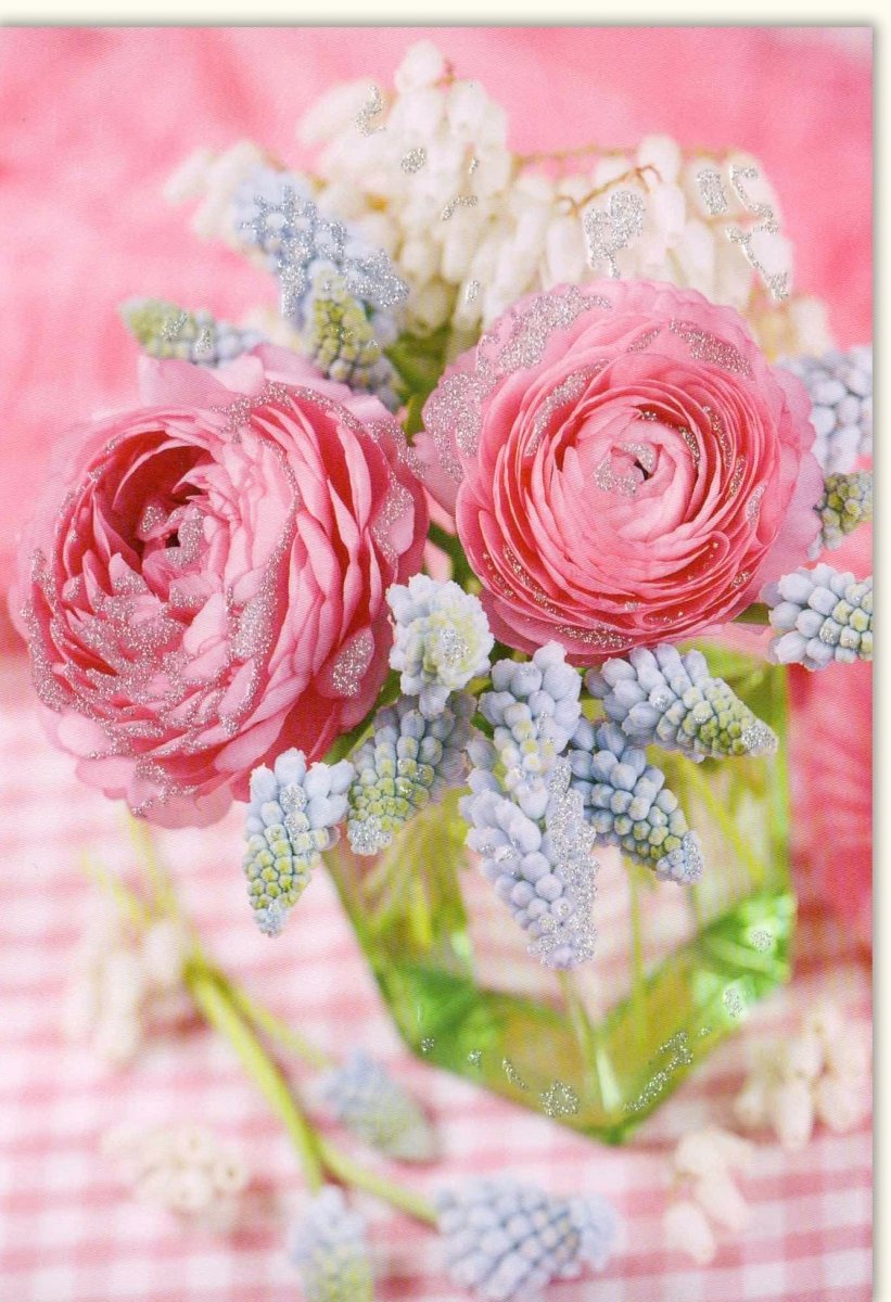 Frühlingsgruß & Liebe Doppelkarte - Elegante Blankokarte mit Rosenmotiv, Glas - Optik Blumen Design, Rosa Pink Blüten für Geburtstag, Muttertag, Valentinstag - Zarte Natur Romantik Tischdeko Dekoration