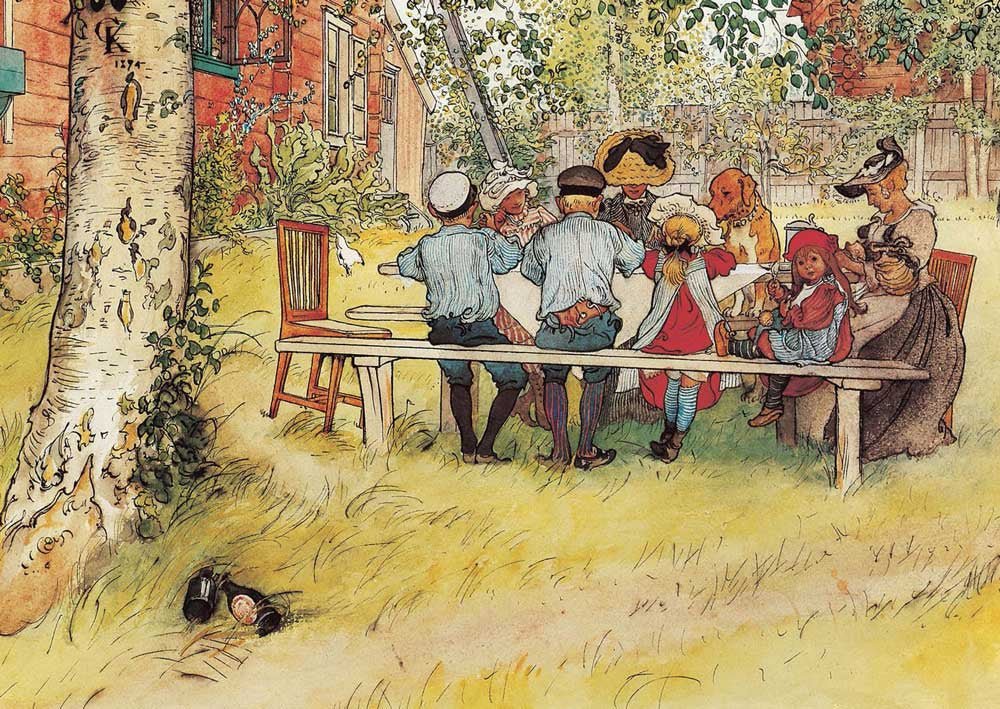 Frühstück im Grünen: Carl Larsson Kunstpostkarte - Schwedische Idylle, Familie & Natur, Vintage Birken - Gartenmotiv mit Kindern