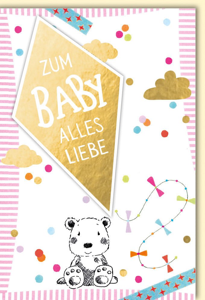 Geburt Babykarte - Herzlichen Glückwunsch Doppelkarte mit Bärchen, Konfetti & Wolken, Ideal für Babyshower & Neugeborene