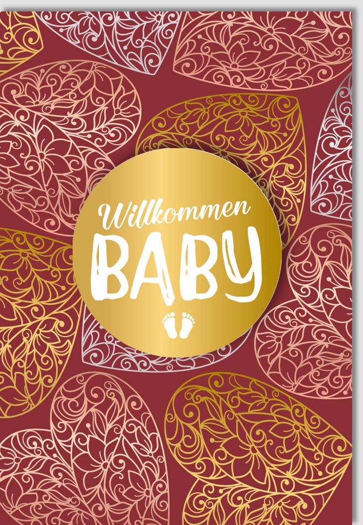 Geburt Babykarte - Herzlichen Glückwunsch zur Geburt des Neugeborenen, Premium Qualität Doppelkarte mit Eleganter Gold - Rot Applikation, Exklusives Design für Feier und Familie, Willkommens - Freude