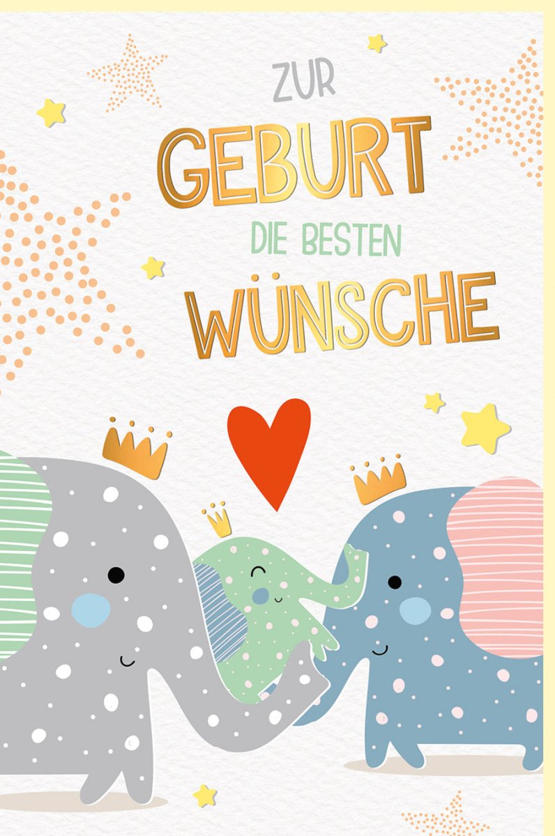 Geburt Doppelkarte - Babykarte mit Elefanten Familie, Liebe & Herz - Glückwunschkarte zur Geburt in Pastellfarben Gelb & Grau, Sternchen Design - Ideal für Neugeborenes, Eltern, Großeltern & Freunde