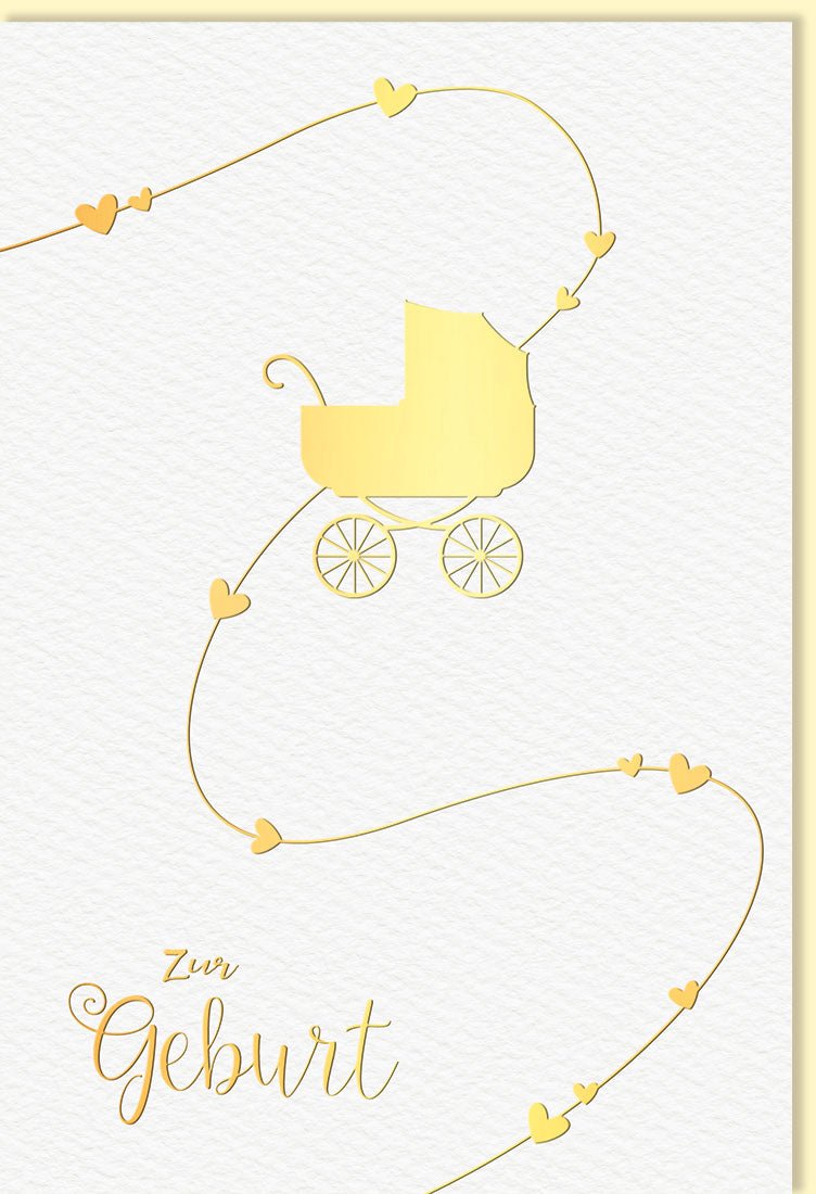 Geburt Doppelkarte - Elegante Babykarte Glückwunschkarte zur Geburt mit goldenem Kinderwagen, Herzchen - Cremefarben, Geschlechtsneutral für Eltern & Großeltern - Gratulationskarte Neugeborenes, Ideal für Babyshower & Willkommensgruß