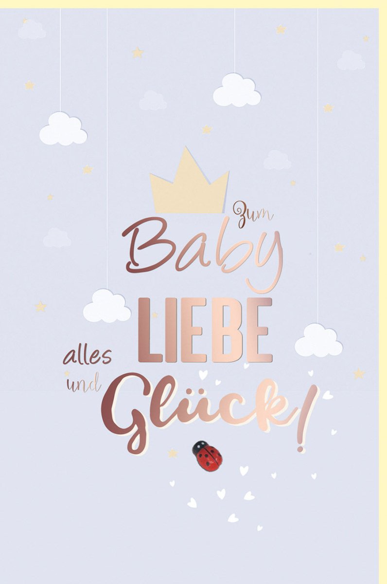 Geburt Doppelkarte für Jungen - Elegante Babykarte in Hellblau mit Goldfolie, Glückwunschkarte zur Geburt mit Marienkäfer & Sternen, Alles Liebe zum Neugeborenen für Eltern & Großeltern