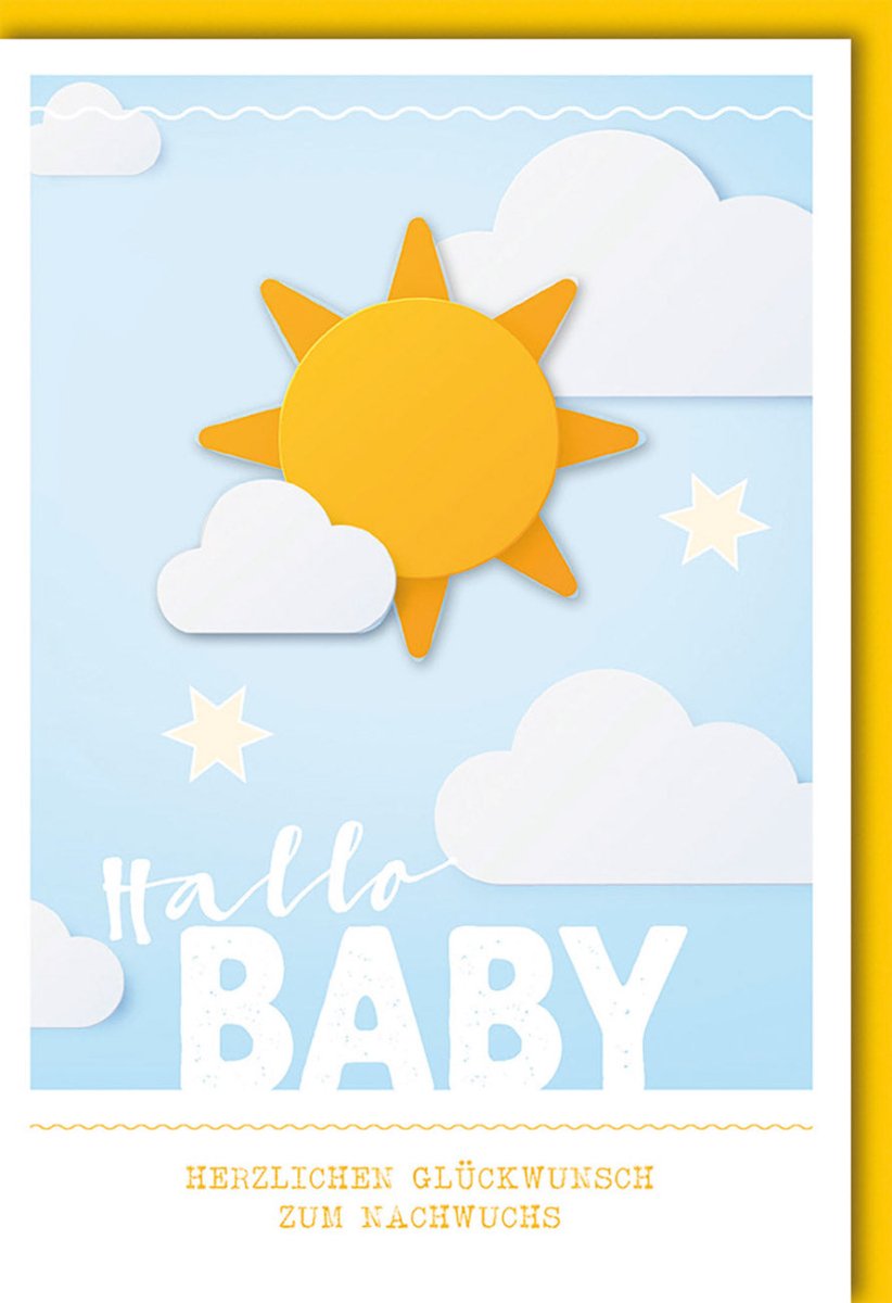 Geburt Doppelkarte für Jungen - Glückwunschkarte zur Ankunft des Nachwuchs, Babyshower Grußkarte mit Sonne, Wolken & Himmel Motiv in Hellblau und Gelb, Willkommensgruß für Neugeborene & Eltern, Papeterie Babygeschenk