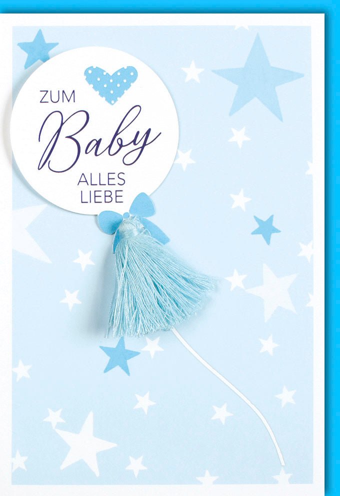 Geburt Doppelkarte für Jungen - Glückwunschkarte zur Geburt mit blauen Sternen, Babykarte mit Applikation und Folienprägung, Gratulationskarte für Neugeborenes, Ideal für Eltern und Großeltern, Hellblau Design