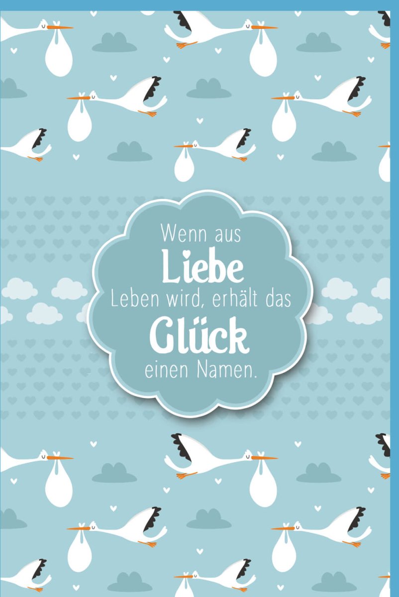 Geburt Doppelkarte für Jungen - Storch & Wolken Design, Babyglück Herzchen, Liebe Glücksname - Glückwunschkarte