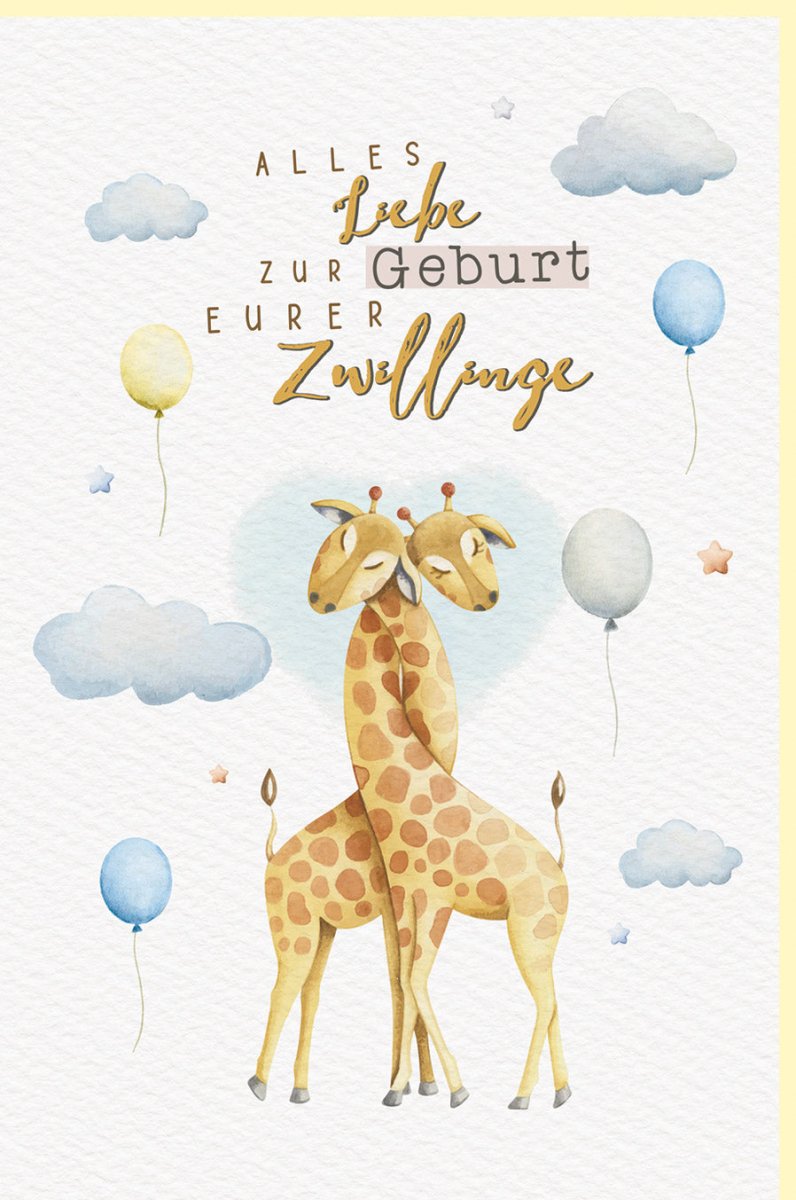 Geburt Doppelkarte für Zwillinge - Glückwunschkarte mit Giraffenmotiv, Babykarte zur Zwillingsgeburt, Gratulationskarte für Neugeborene, Eltern & Großeltern in Hellblau/Beige