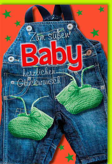 Geburt Doppelkarte - Glückwunschkarte für Baby mit Jeans Latzhose Motiv, Unisex Gratulation zur Geburt, Ideal für Babyparty, Junge & Mädchen