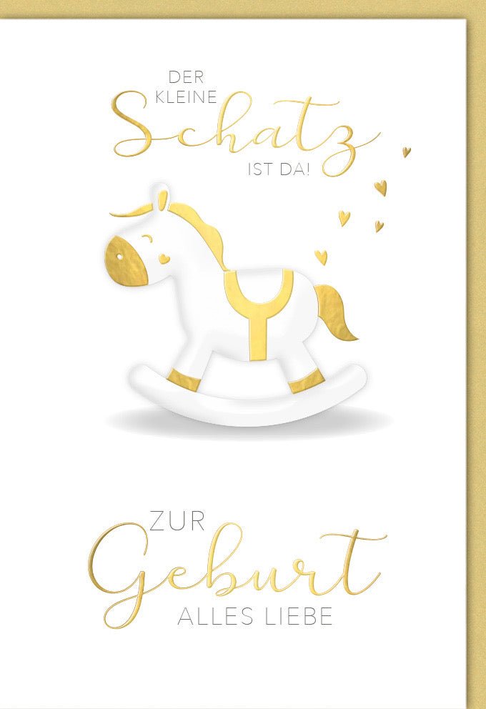 Geburt Doppelkarte - Glückwunschkarte mit Schaukelpferd in Gold, Babykarte für Neugeborene, Gratulation und Freude für frischgebackene Eltern