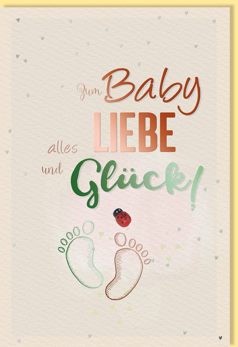 Geburt Doppelkarte - Glückwunschkarte zur Geburt eines Babys, Beige Naturkarton mit Roségold Folie, Fußspuren & Marienkäfer Design, Ideal für frischgebackene Eltern & Großeltern