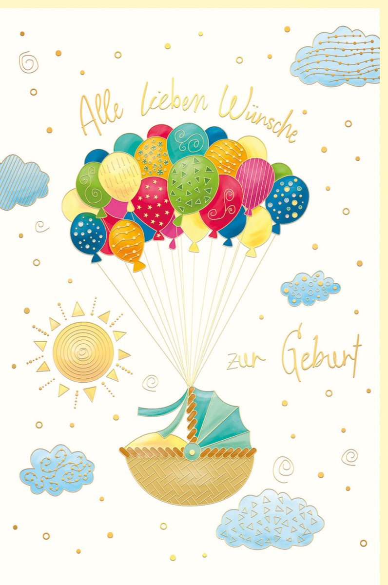 Geburt Doppelkarte - Glückwunschkarte zur Geburt eines Babys, Naturkarton Grußkarte mit Korb & Luftballons Motiv, Bunte Pastellfarben, Neutral & Unisex für Eltern, Familie & Freunde