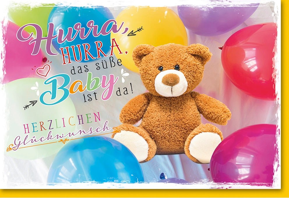 Geburt Doppelkarte - Herzlichen Glückwunsch zur Geburt, Baby Teddybär & Ballons, Bunte Glückwunschkarte für Neugeborenes, Hurra!