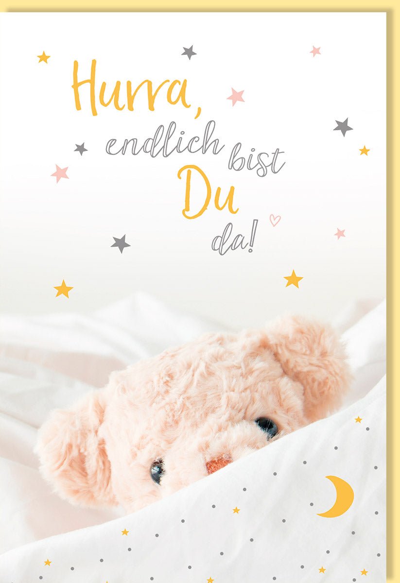 Geburt Doppelkarte - Hurra Neugeborenes! Glückwunschkarte mit Baby, Spruch, Kuscheltier, Sterne & Mond - Ideal für Babyshower & Gratulation