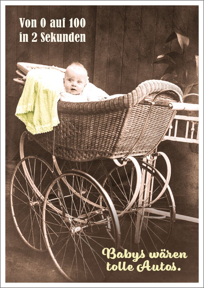 Geburt Glückwunsch Postkarte - Lustiger Spruch mit Baby im Kinderwagen, Humorvoller Witz, Vintage Retro Schwarz - Weiß Design, Beschleunigungs - Motiv