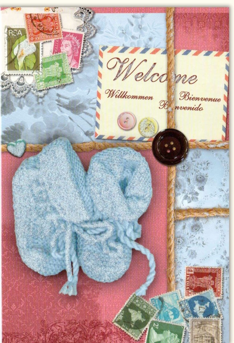 Geburt Glückwunschkarte - Babykarte "Welcome Neugeboren" - Gratulationskarte mit Briefmarken & Babyschuhe Motiv, Ideal für Mädchen & Jungen - Hochwertige Doppelkarte für Babyglück & Geburtsgeschenk