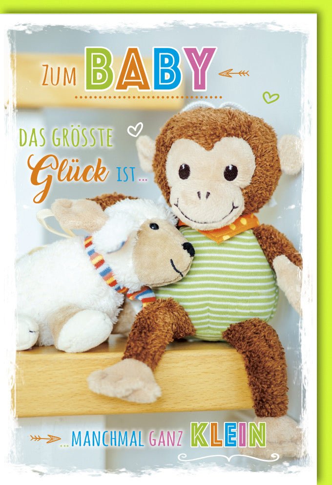 Geburt Glückwunschkarte Doppelkarte - Baby Teddy & Schaf Motiv, Neugeborene Gratulationskarte mit Weichen Stofftier - Designs, Herzliche Willkommensgrüße für Eltern und Baby in Pastellgelb & Grün, Ideal für Babyparty & Familie