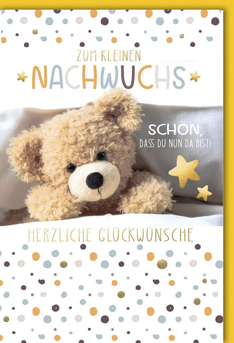 Geburt Glückwunschkarte für Baby - Neutraler Teddybär Design Doppelkarte, Gelb mit Polka Dots, Herzlich Willkommen Nachwuchs Gratulationskarte für Eltern & Großeltern, Geschlechtsneutrales Babygeschenk