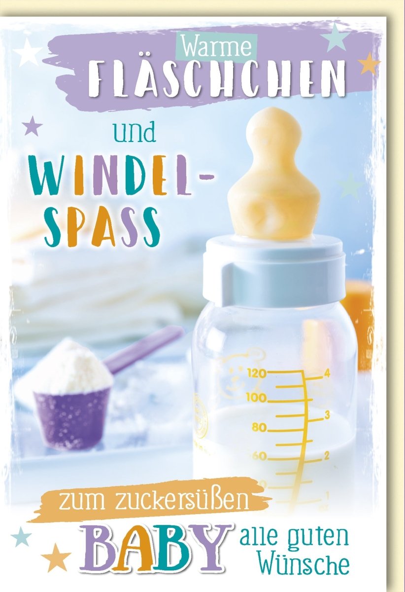 Geburt Glückwunschkarte für Neugeborene - Babyglück Wärmflasche & Windelspaß Motiv, Willkommen Babyparty Grußkarte, Gratulation an Eltern, Freude am Baby - Doppelkarte mit Umschlag