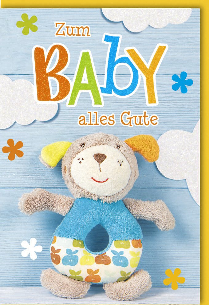 Geburt Glückwunschkarte - Herzlich Willkommen Neugeborenes Babykarte, Doppelkarte für Babyparty & Babyshower, Bärchen & Wolken Design, Kinderzimmer Deko, Plüschtier & Blumen Motiv, Gratulationskarte