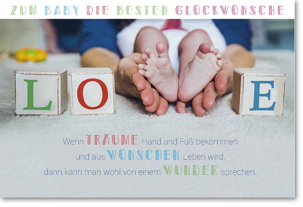 Geburt Glückwunschkarte - Liebevolle Babyfüße Doppelkarte für Neugeborenes, Babyparty & Babygruß mit Wunder - Gratulation