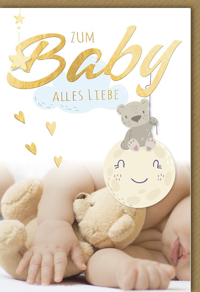 Geburt Glückwunschkarte - Neutraler Baby Teddy & Mond Design, Liebevolle Gratulation zur Babyparty, Eltern & Neugeborenes