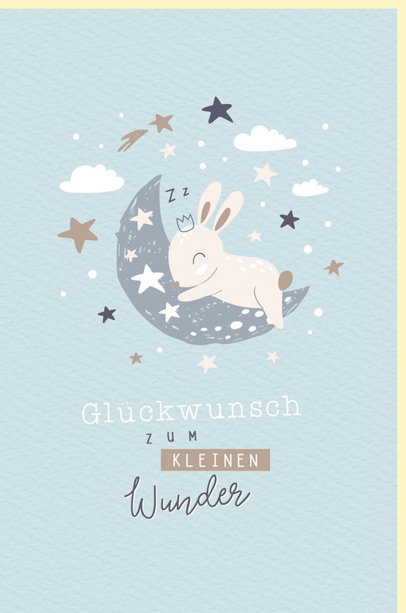 Geburt Junge Doppelkarte - Glückwunschkarte mit Hase, Mond & Sternen auf Naturkarton, Hellblau für Neugeborene, Eltern & Großeltern - Babyshower Grußkarte in Pastellfarben zur Gratulation