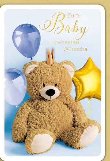 Geburt Junge Doppelkarte - Glückwunschkarte mit Teddy, Krone & Ballon, Babyglückwünsche in Blau/Gold, Geburtskarten Jungen