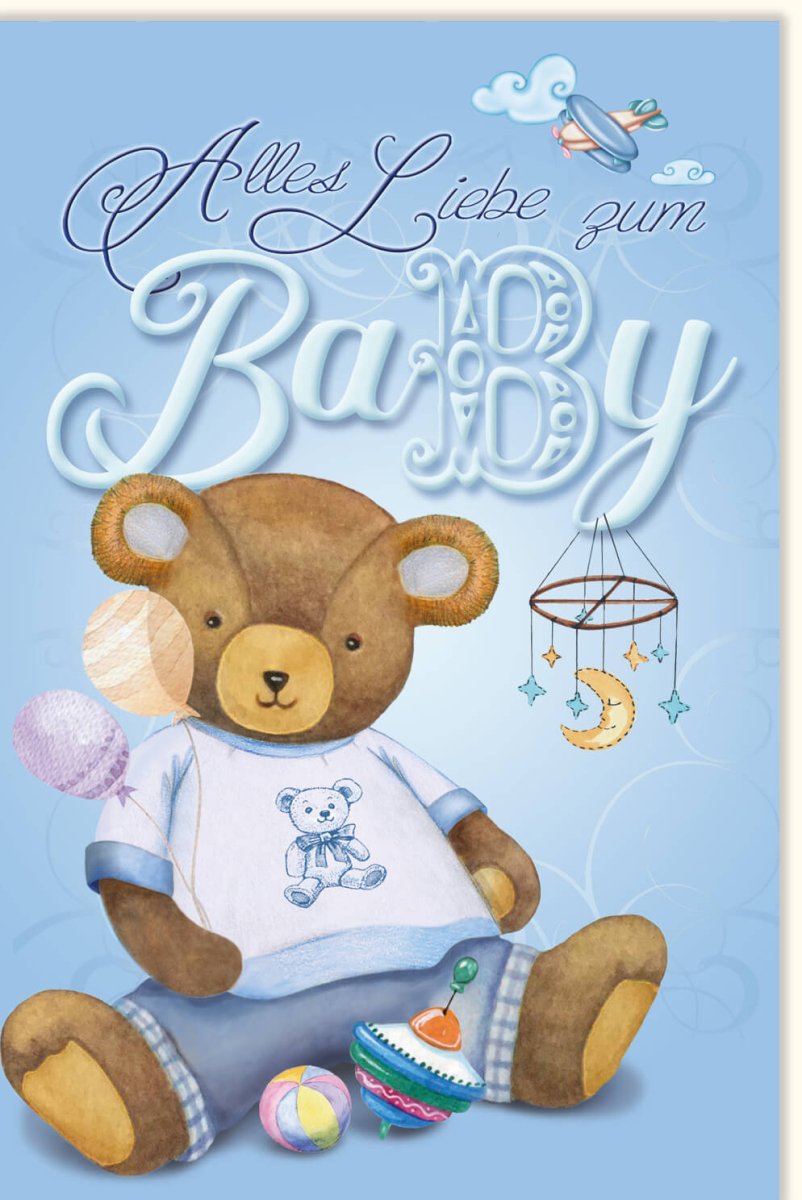 Geburt Junge Doppelkarte - Teddybär & Storch Babyshower Grußkarte, Hellblaue Glückwunschkarte für Neugeborenes mit Spielzeug - & Schnuller - Motiven