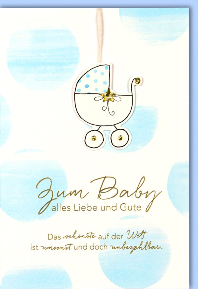 Geburt Junge - Glückwunschkarte mit Kinderwagen - Motiv, Babykarte zur Gratulation, Hellblaue Geburtskarte für Neugeborenes, Babyshower Grußkarte