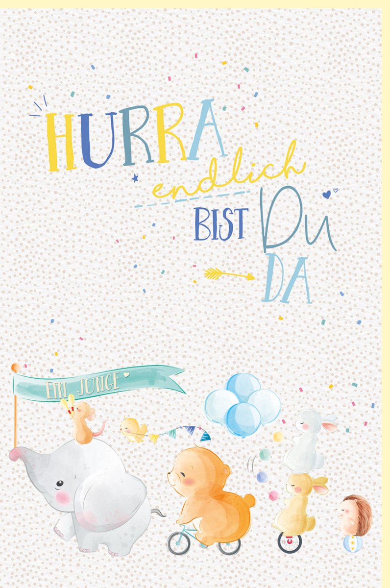 Geburt Junge - Hurra Neugeboren Doppelkarte, Glückwunschkarte mit Spruch, Babyshower Jungen Babyparty, Kinderzimmer Deko Illustration