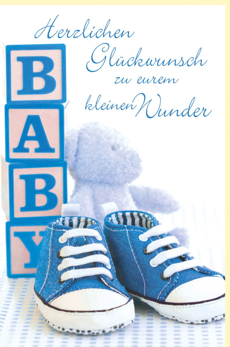 Geburt Junge - Premium Doppelkarte Glückwunschkarte mit Babyschuhen in Hellblau, Ideal für Babyshower, Neugeborenen Gratulation an Eltern & Großeltern, Willkommensgruß Babygeschenk Geburtskarte