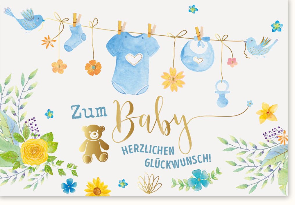 Geburt Junge - Premium Glückwunschkarte zur Babygeburt, Doppelkarte Klappkarte für Neugeborenen, Babyparty Jungen Geburtskarte mit Tiermotiv, Blau Illustration Babyshower Grußkarte, Babykarte