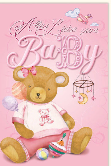 Geburt Mädchen Doppelkarte - Glückwunschkarte mit Teddybär in Rosa, Babykarte zur Gratulation für Neugeborene, Ideal für Babyparty & Kinderzimmer Deko