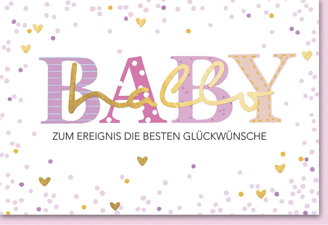 Geburt Mädchen Doppelkarte - "Hallo Baby" Rosa Gold Konfetti Design, Glückwunschkarte zur Babygeburt, Willkommensgruß für Neugeborene, Ideal für Eltern, Großeltern & Freunde, Babyparty Grußkarte