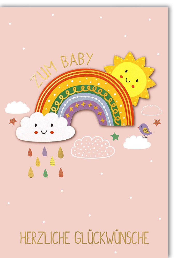 Geburt Mädchen Doppelkarte - Niedliche Babykarte mit Regenbogen, Sonne & Wolke in Rosa für Neugeborene, Babyshower Gratulation