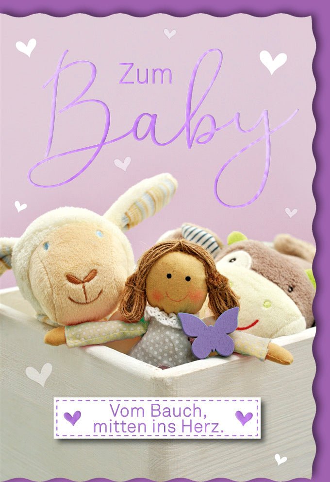 Geburt Mädchen - Glückwunschkarte Babykarte Doppelkarte mit Stofftieren, Herzlichen Glückwunsch zur Geburt, Perfektes Babygeschenk