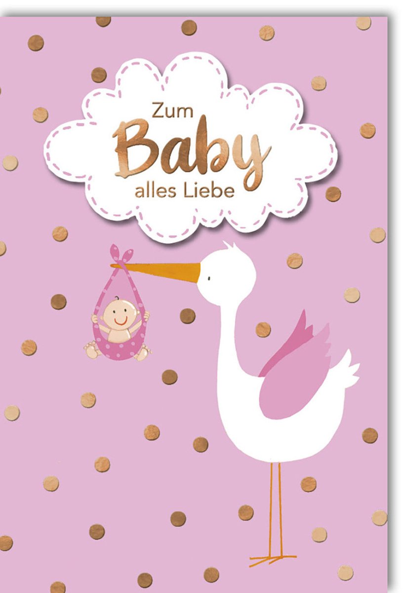 Geburt Mädchen - Glückwunschkarte mit Storch - Motiv, Rosa Liebevolle Geburtskarten, Doppelkarte für Baby