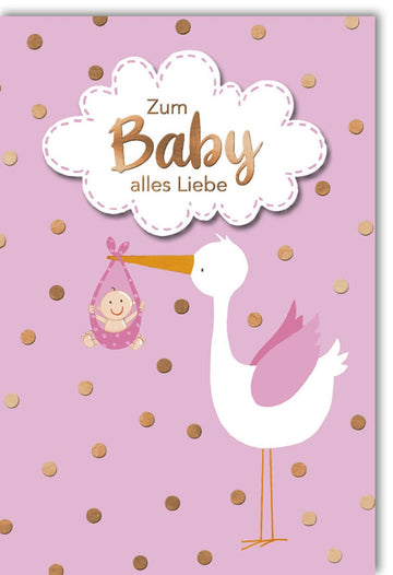 Geburt Mädchen - Glückwunschkarte mit Storch - Motiv, Rosa Liebevolle Geburtskarten, Doppelkarte für Baby