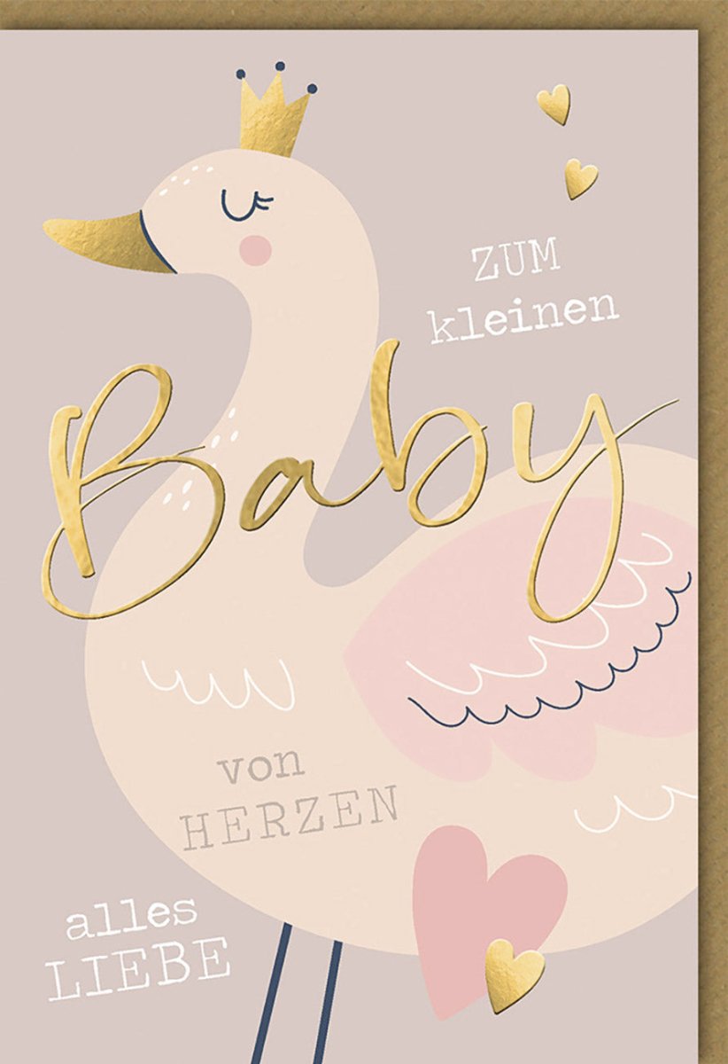 Geburt Mädchen - Herzliche Glückwunschkarte mit Storch & Krone, Rosa Gold Pastellfarben, Babykarte für Eltern und Großeltern, Willkommen Neugeborene, Babyshower Geschenkkarte, Liebe Grüße zum Babyglück