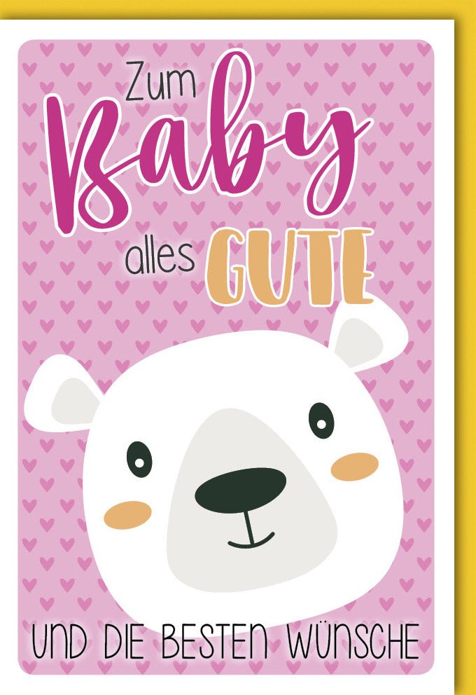 Geburt Mädchen - Niedliche Glückwunschkarte mit Bärengesicht & Rosa Herzen, Babykarte zur Gratulation für Neugeborene, Ideal für Eltern, Großeltern & Freunde, Perfekt für Babyshower & Babyparty