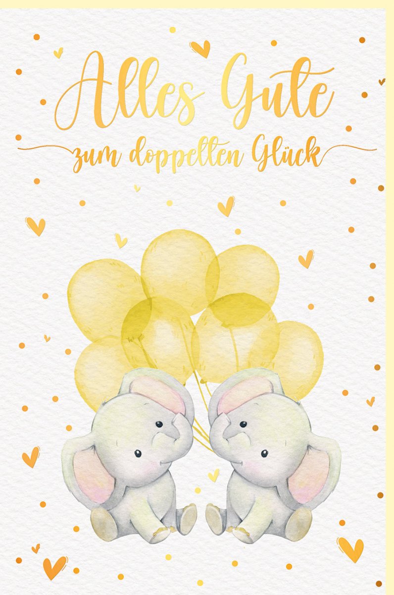 Geburt Zwillinge Glückwunschkarte - Doppelkarte für doppeltes Glück, Elefanten & Ballons Design in Gelb, Ideal für Eltern & Großeltern, Neugeborene Twins Babykarte mit herzlichen Gratulationen