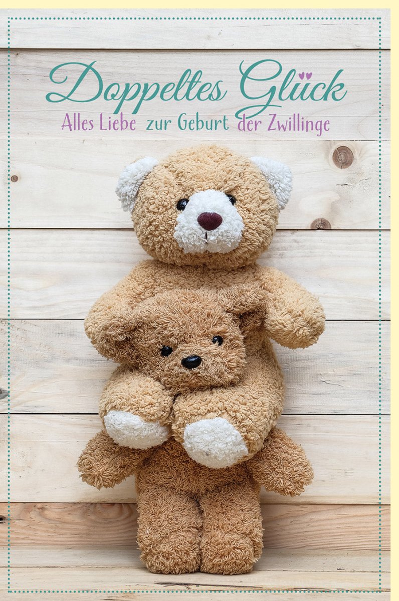 Geburt Zwillinge Glückwunschkarte - Doppeltes Glück Teddybären Motiv, Gratulationskarte für Neugeborene, Eltern & Babys, Grußkarte in Holzoptik, Hellbraun Beige, Ideal für Familien & Freunde