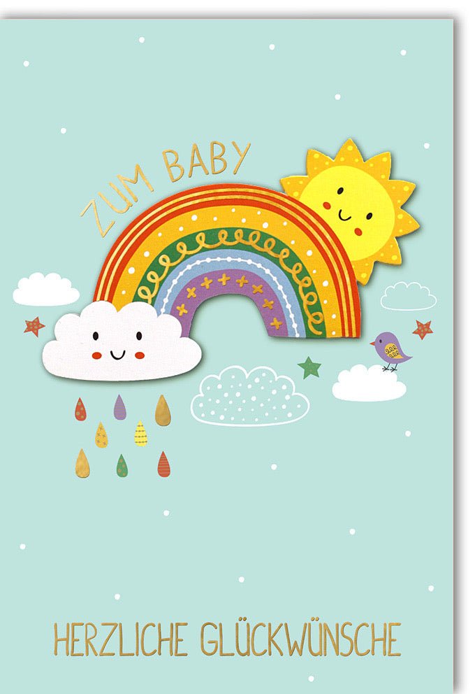 Geburtskarte für Jungen - Glückwunschkarte zur Geburt, Babykarte Neugeborener, Grußkarte mit Regenbogen & Sonne, Willkommensgruß zur Babyshower