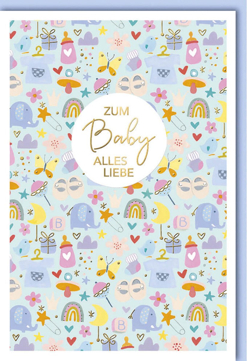 Geburtskarte für Jungen - Glückwunschkarte zur Geburt eines Neugeborenen, Babykarte für Babyparty & Babyshower, Willkommenskarte in Blau/Hellblau mit Pastell Illustration, Ideal als Kinderzimmer Deko & Babygeschenk