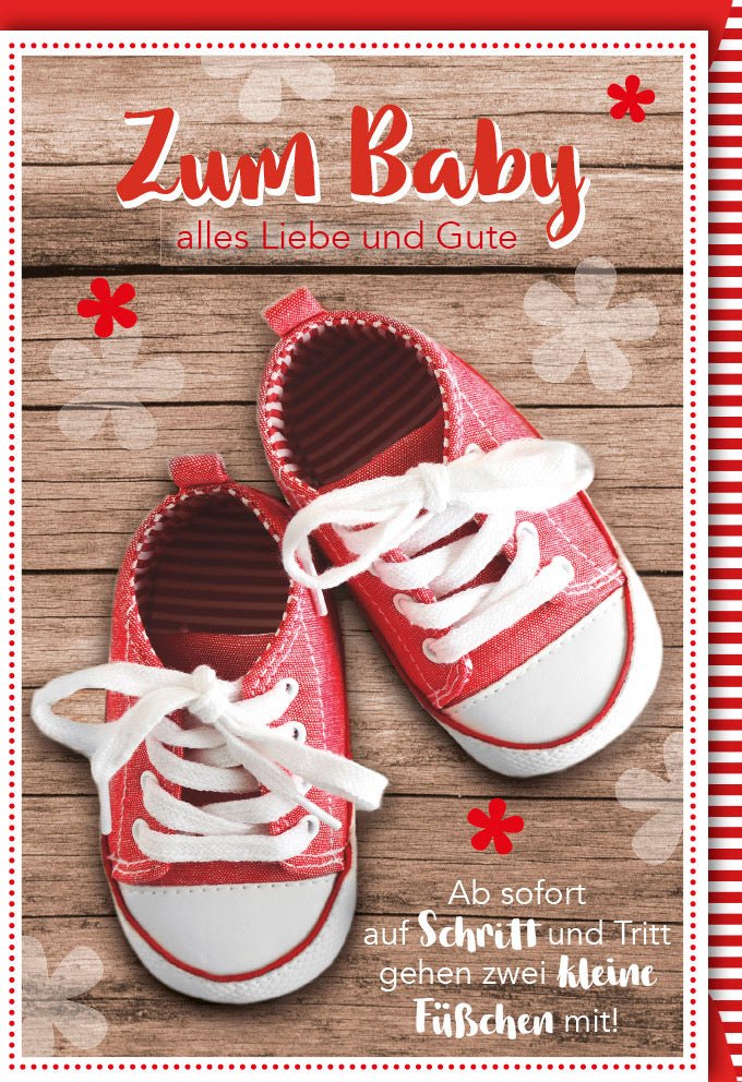 Geburtskarte für Jungen - Herzliche Glückwunsch Doppelkarte Babygruß, Neugeborenes, Eltern & Freunde, Babyschuhe in Rot/Weiß, Holzoptik Design, Liebevoll Willkommen Babyfüßchen, Ideal für Babyshower & Geburtstag, Rote Schuhe Motiv