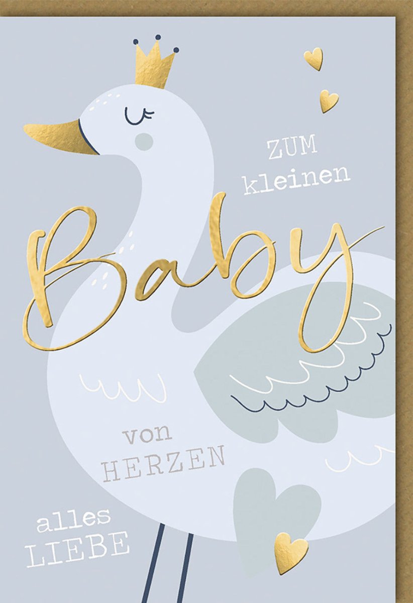 Geburtskarte für Jungen: "Herzlichen Glückwunsch zur Geburt" - Storch & Krone Motiv, Babyshower Grußkarte mit Herzchen