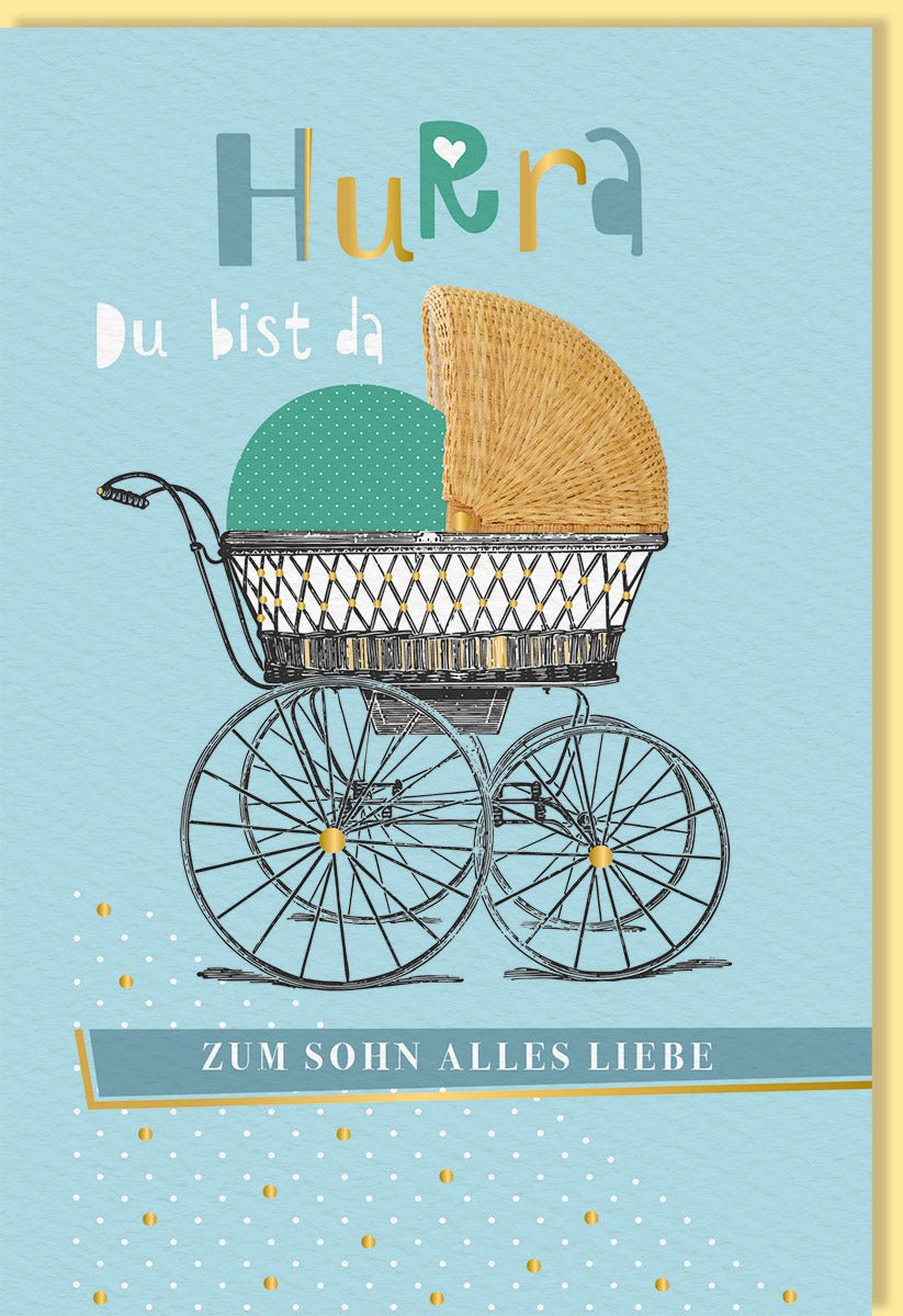 Geburtskarte für Jungen: Hochwertige Doppelkarte mit Kinderwagen - Motiv auf Naturkarton, Goldfolie - Veredelung - Glückwunschkarte zur Geburt, Babygruß für Eltern, Familie und Freunde in Hellblau