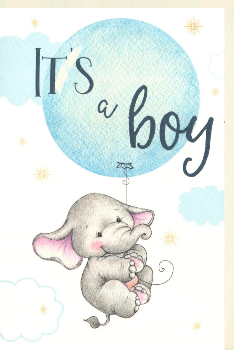 Geburtskarte für Jungen - "It's a Boy" Niedliche Elefant & Luftballon Babyshower Glückwunschkarte, Hellblau mit Sternen