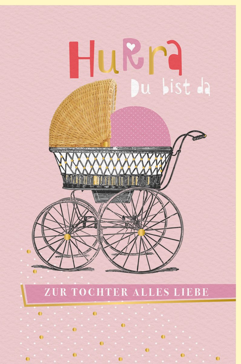 Geburtskarte für Mädchen - Hurra du bist da! Glückwunschkarte zur Geburt mit Kinderwagen & Spruch, Rosa Goldpunkte Doppelkarte, Willkommensgruß Babyshower, Gratulationskarte für Eltern, Familie und Freunde, Pastellfarbenes Babygeschenk